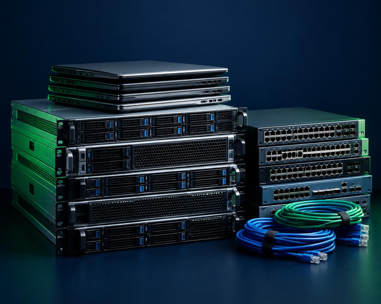 Stacked used servers, laptops and network switches